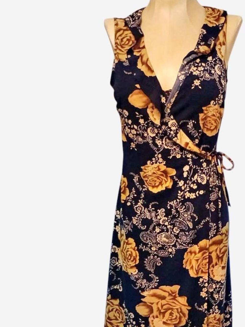 My Michelle Black Midi Wrap Dress with Golden Yellow Rose Print